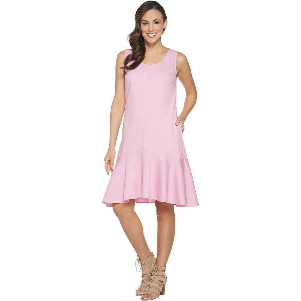 NWT JOAN RIVERS PINK REGULAR LENGTH SLEEVELESS DENIM DRESS WITH FLOUNCE MEDIUM